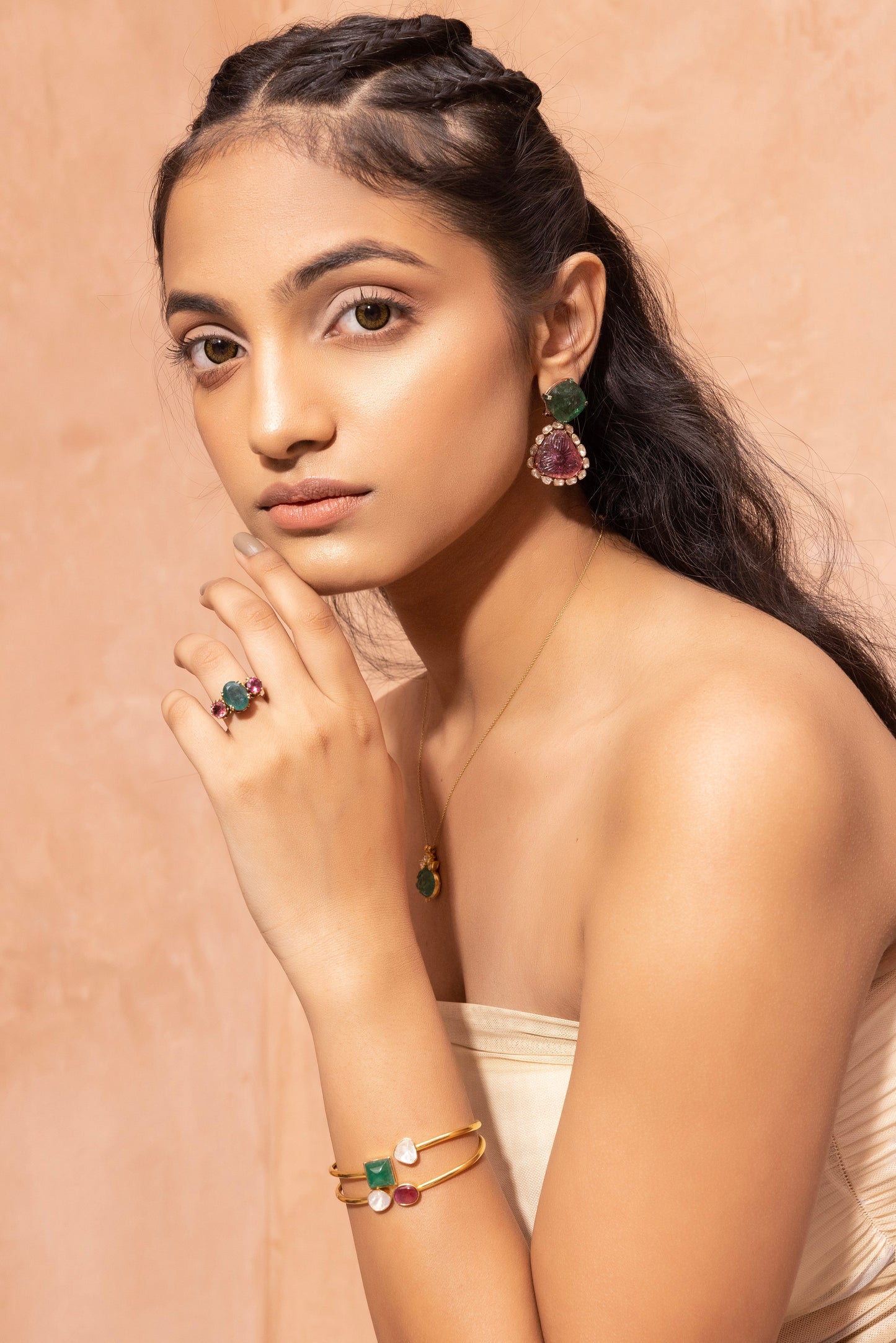 Enchanting Emeralds & Tourmaline Polki Earrings