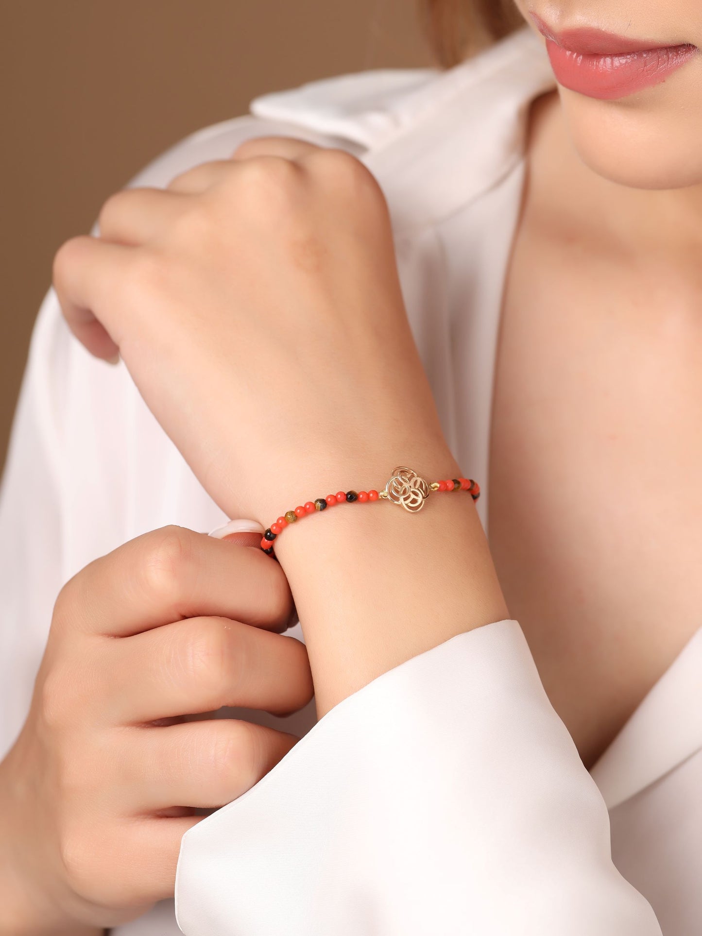 Celtic Cross Bracelet With Tiger Eye & Coral Beads