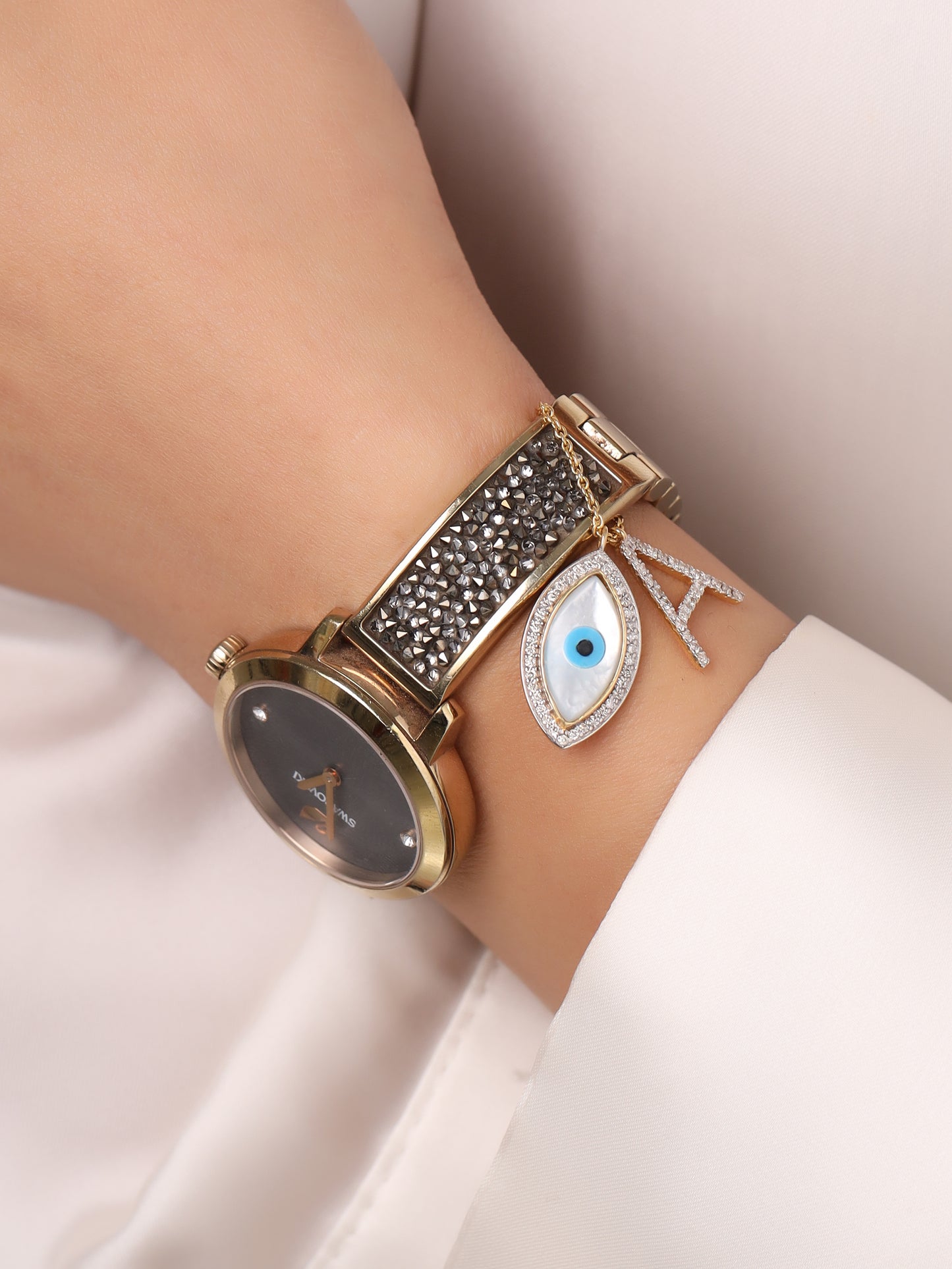 EVIL EYE WITH "A" INTIAL WATCH CHARM
