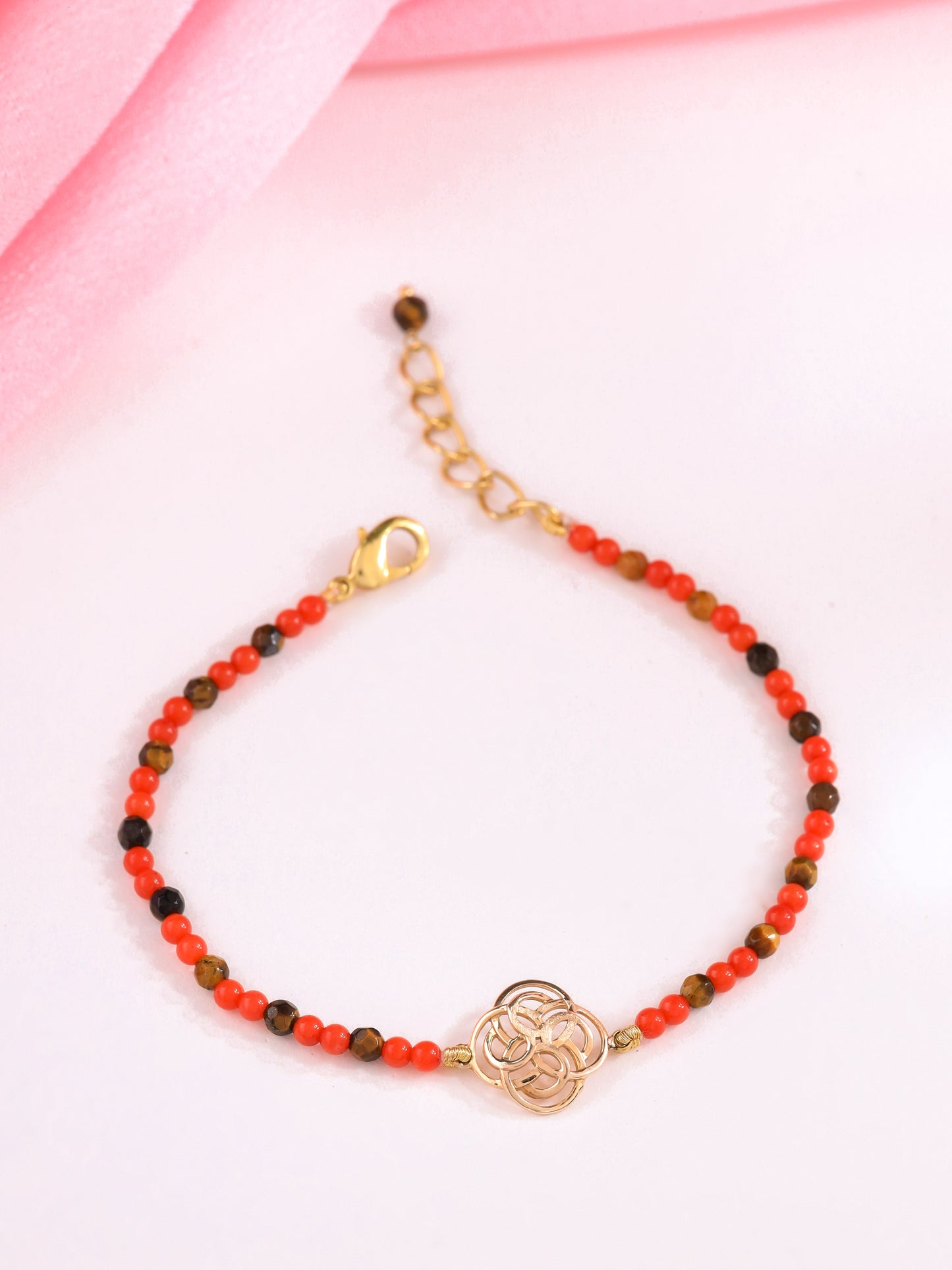 Celtic Cross Bracelet With Tiger Eye & Coral Beads