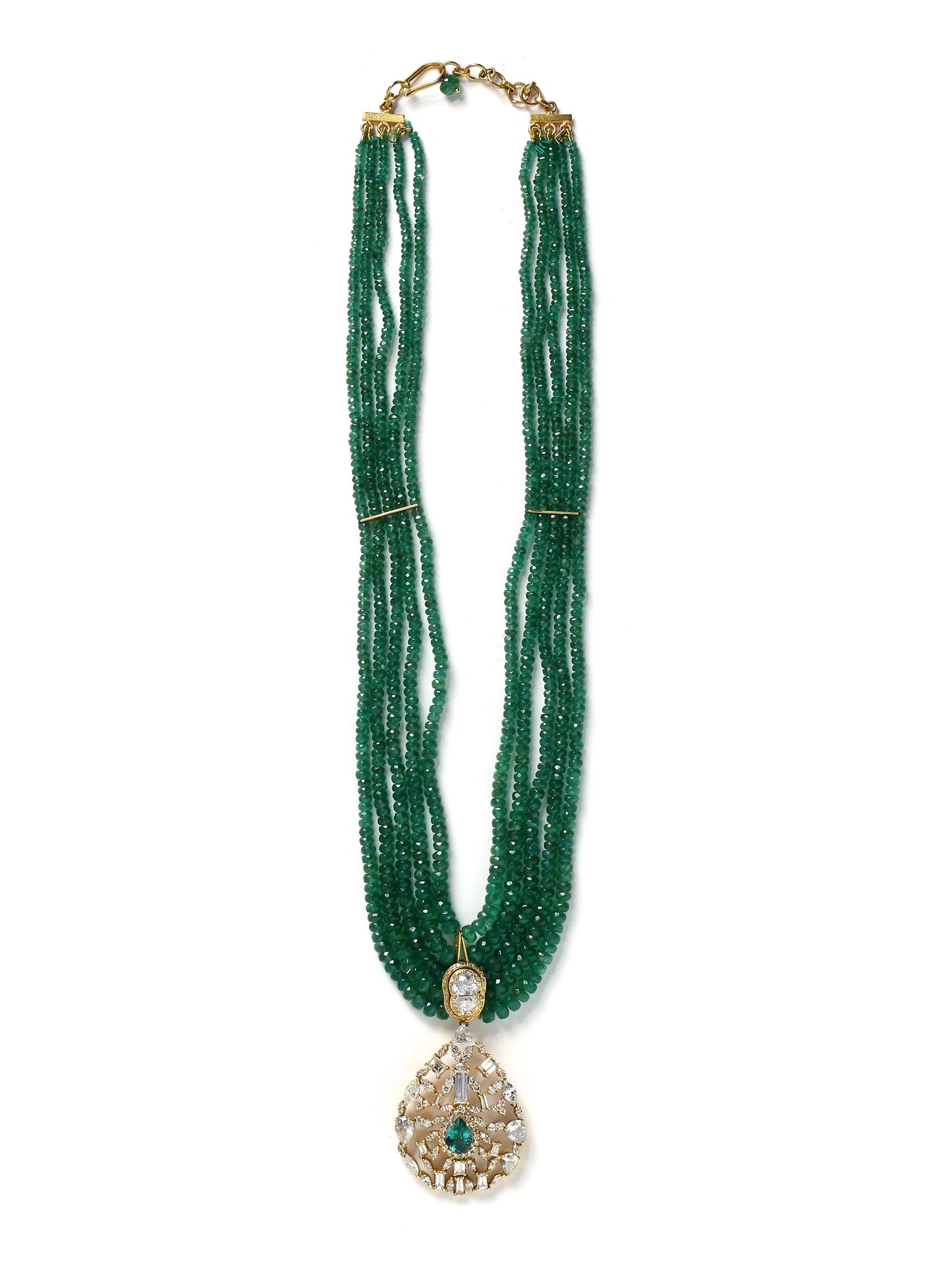 Emerald Diamond Rose Cut Pendant With Emerald Strings