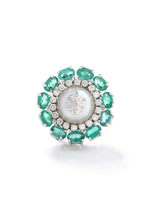 South Sea Pearl Emerald Diamond Cocktail Ring