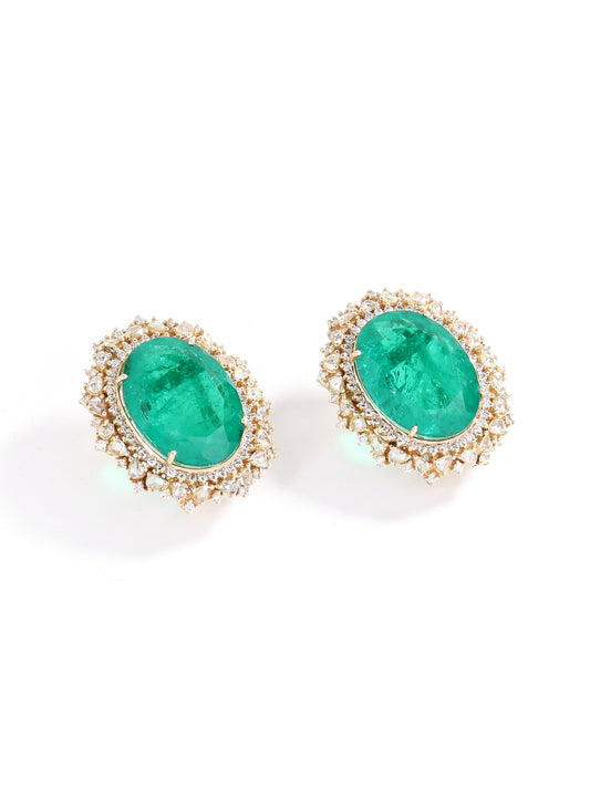 Rose Cut Diamonds Earrings With Green Gem Stone