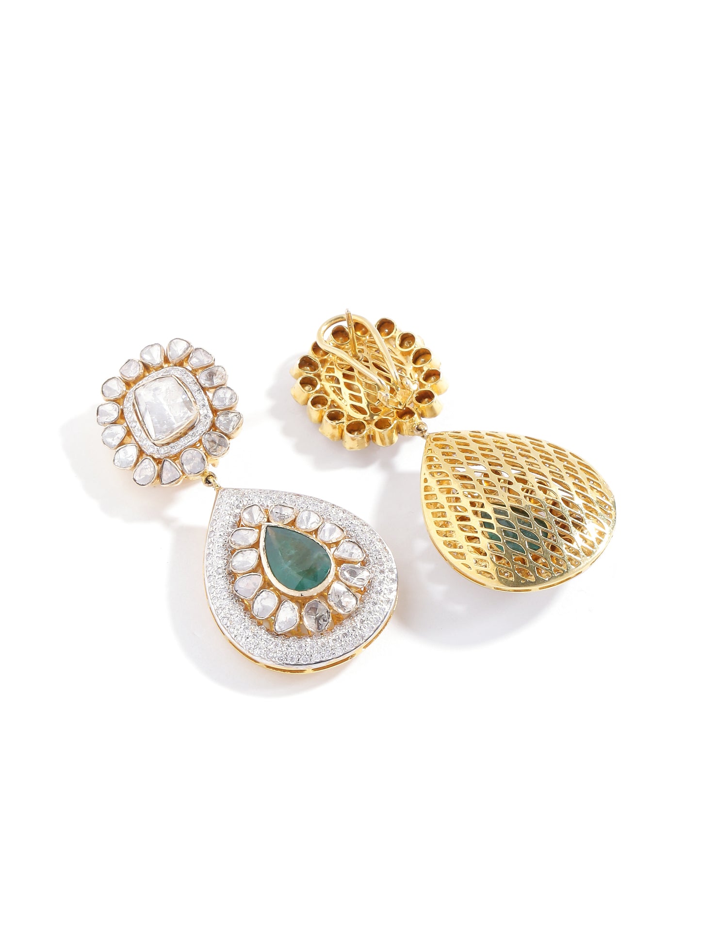 Rose Cuts Diamonds Drop Earrings With Green Color Stone