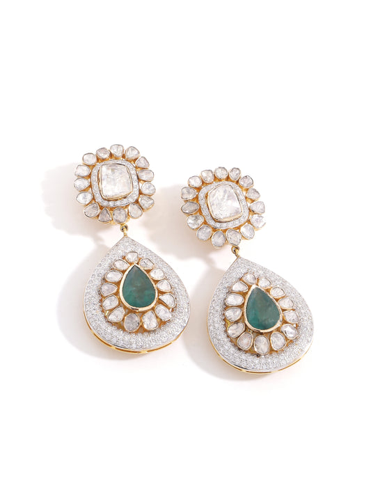 Rose Cuts Diamonds Drop Earrings With Green Color Stone