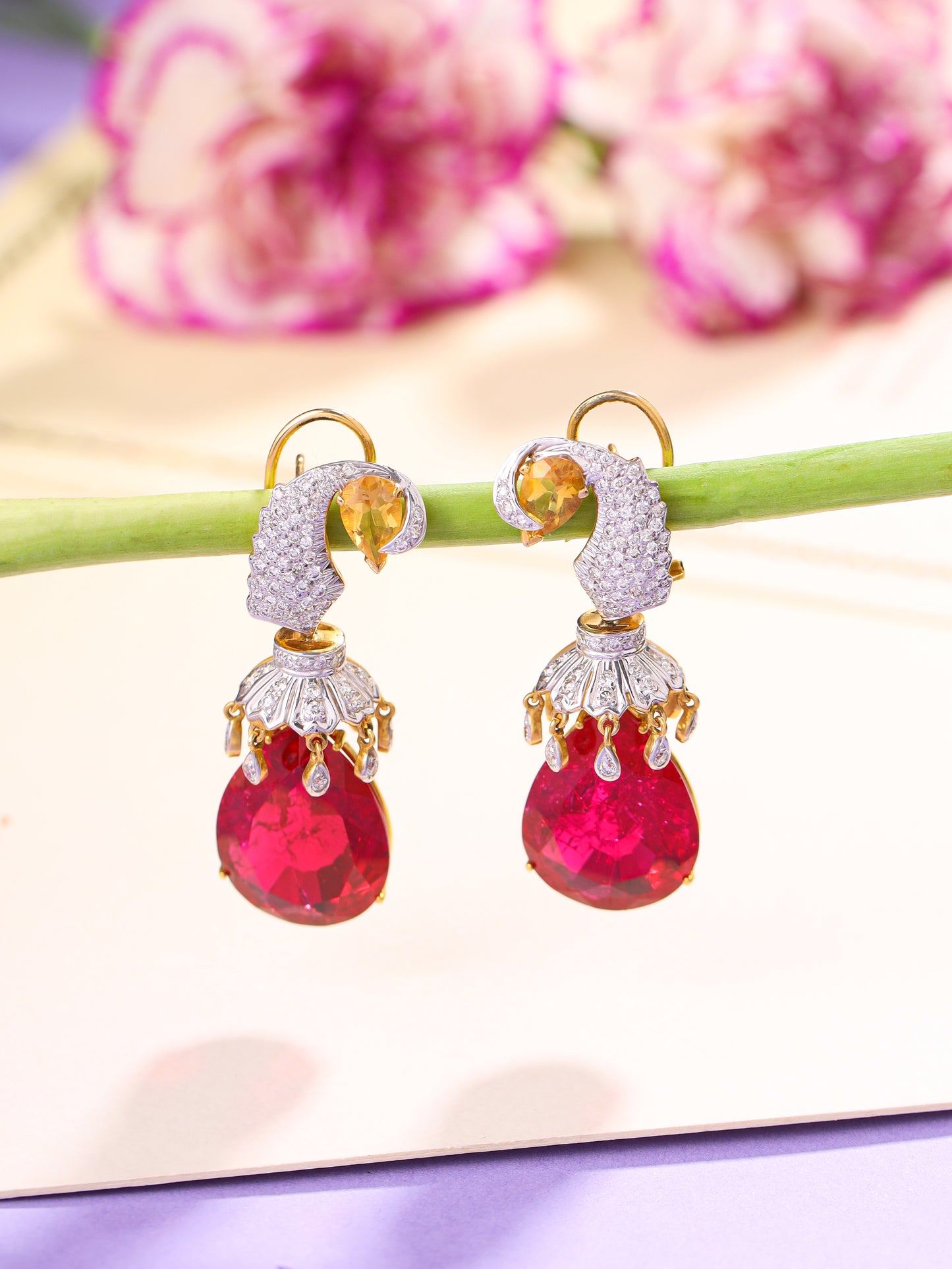 Peacock Carmine Diamond Earrings
