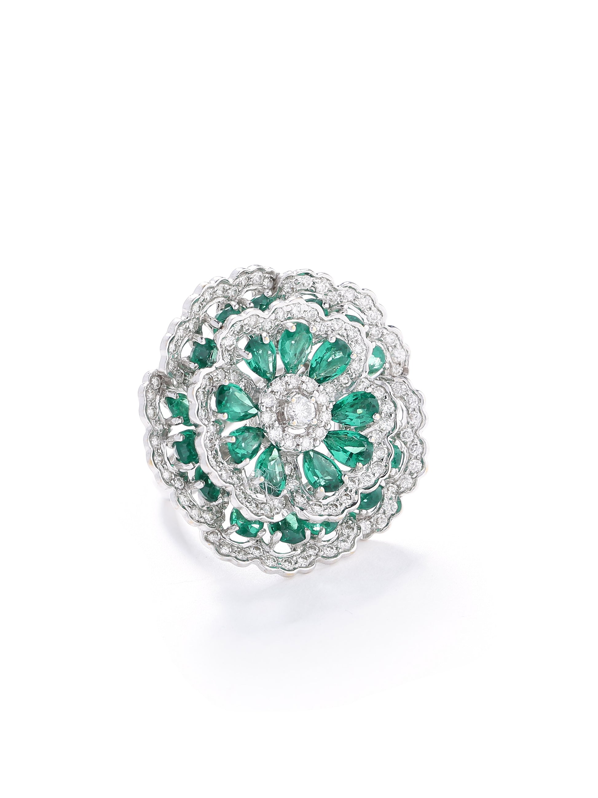 Diamond Emerald Flower Two Layer Ring