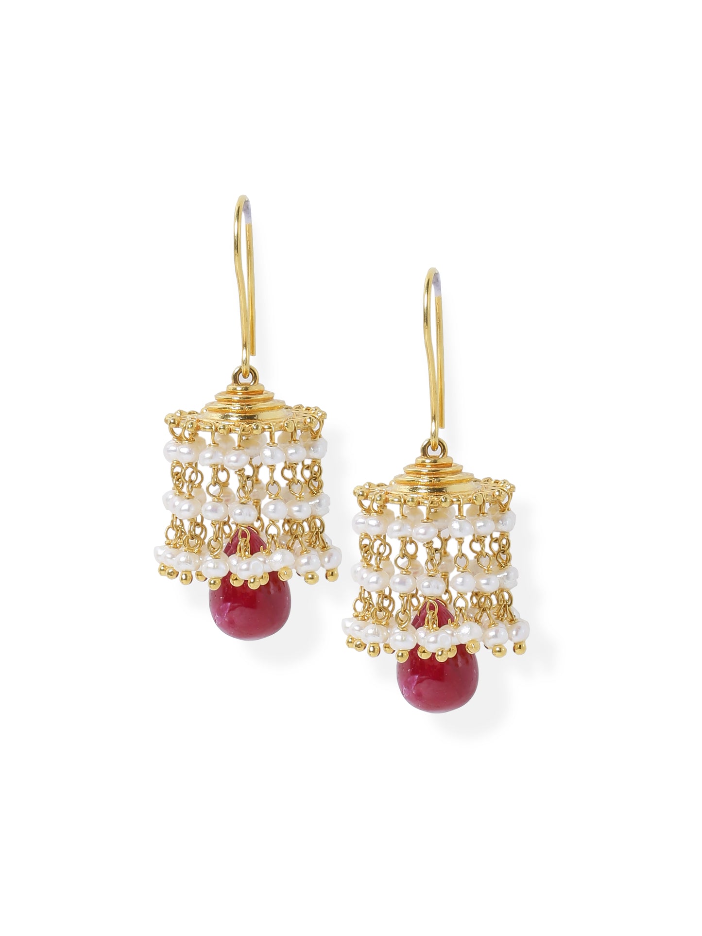 GOLD JHUMKI WITH RUBY AND PEARL