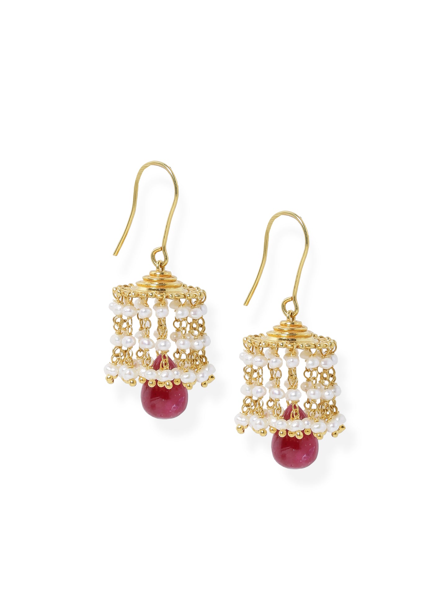 GOLD JHUMKI WITH RUBY AND PEARL