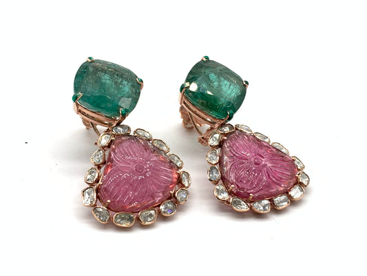 Enchanting Emeralds & Tourmaline Polki Earrings